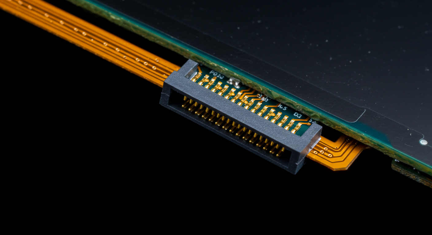 Close-up image of a 24-pin MIPI-DSI FPC connector and shielded FPC cable connected to an LCD module