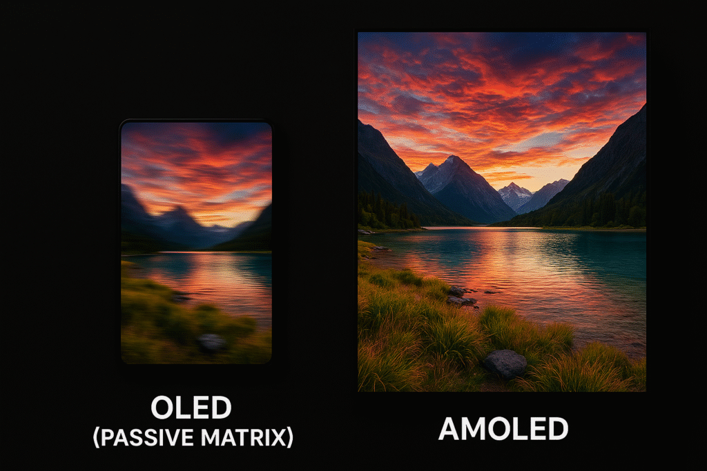 Side-by-side comparison of OLED and AMOLED displays showing the same image with differences in brightness and motion clarity