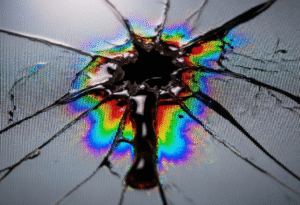 A damaged LCD screen with a prominent crack and liquid crystal leakage
