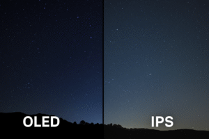 Side-by-side comparison of OLED and IPS display panels showing contrast and color differences