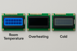 Side-by-side LCD screens showing normal, blacked-out, and slow-response states at different temperatures
