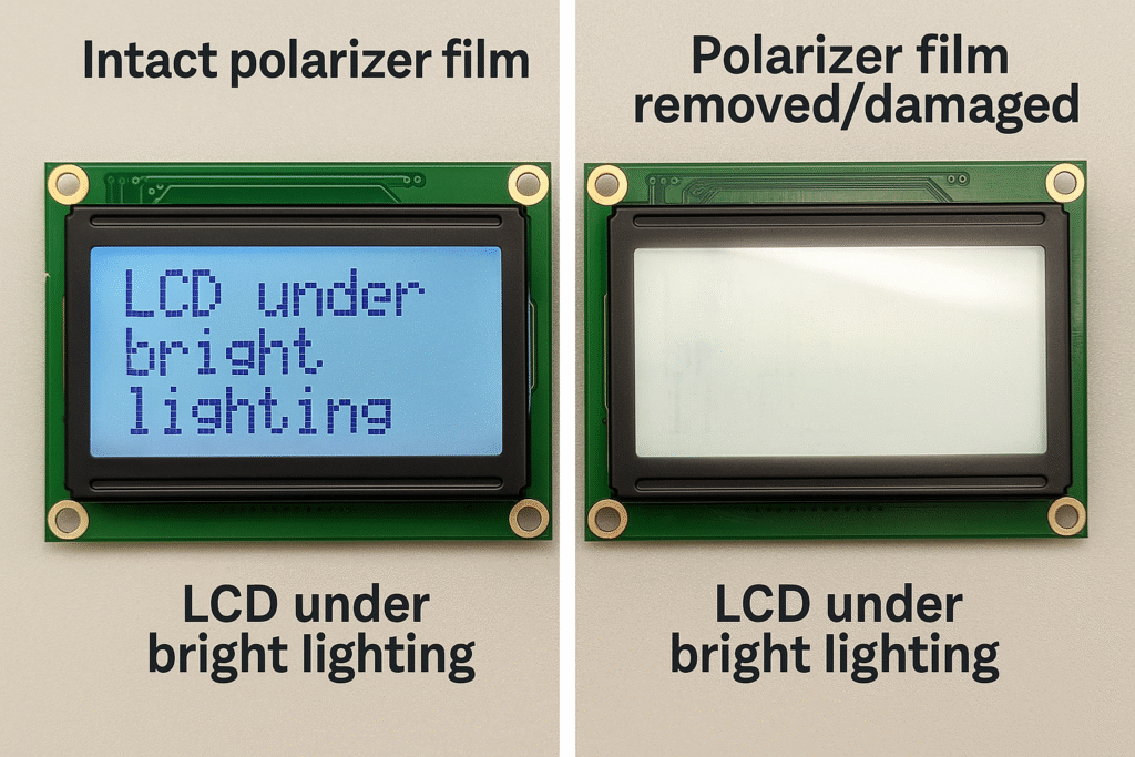 Before and after comparison of an LCD screen with and without a polarizer film