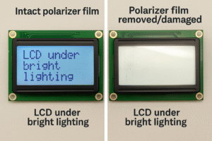 Before and after comparison of an LCD screen with and without a polarizer film