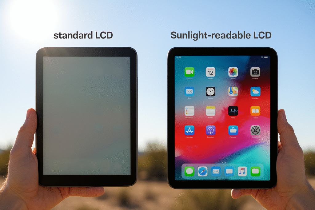 Comparison of a standard LCD and a sunlight-readable LCD in direct sunlight, showing the standard LCD as washed out and the sunlight-readable LCD as clear and vibrant