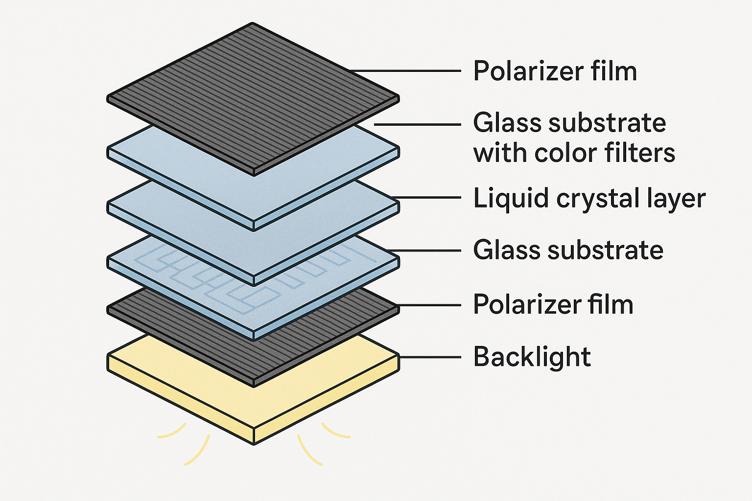 Diagram of LCD screen layers including polarizer films