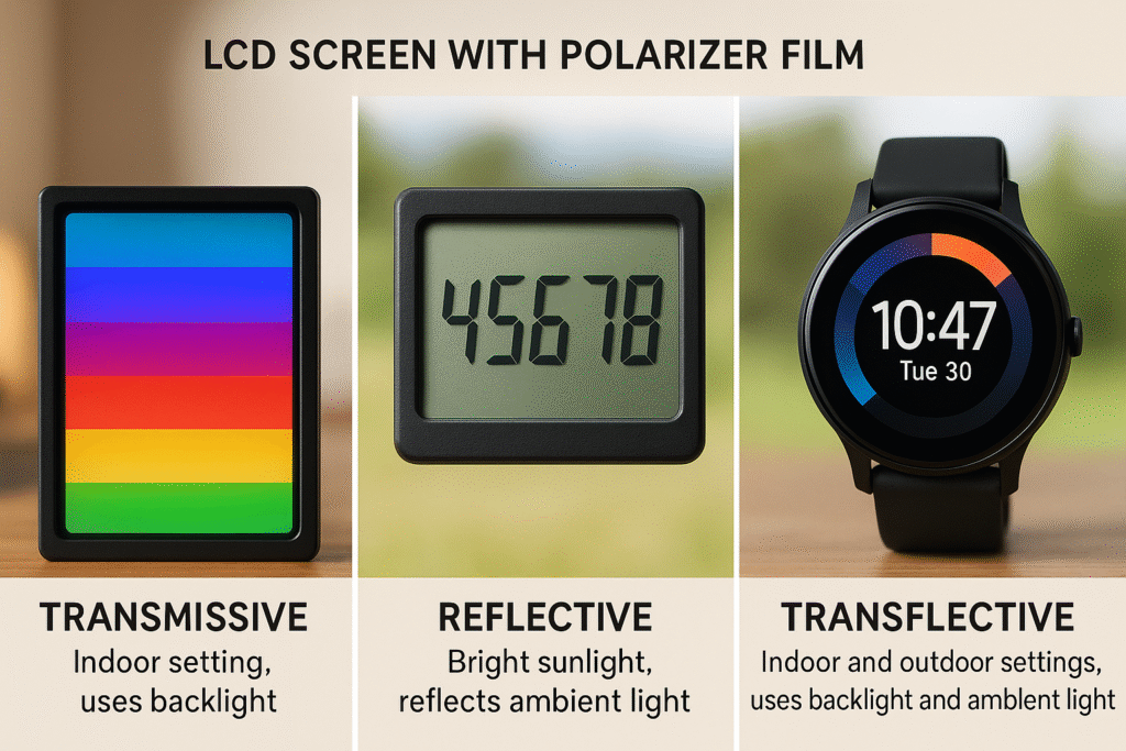 LCD screens with different polarizer types under various lighting conditions