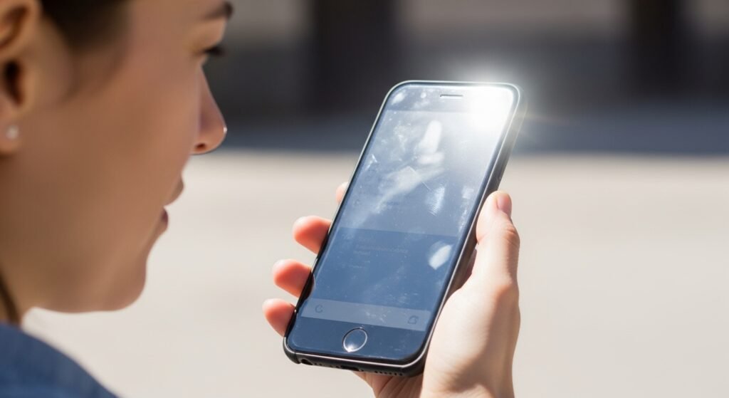 A person struggling to see a smartphone screen outdoors due to intense sunlight glare