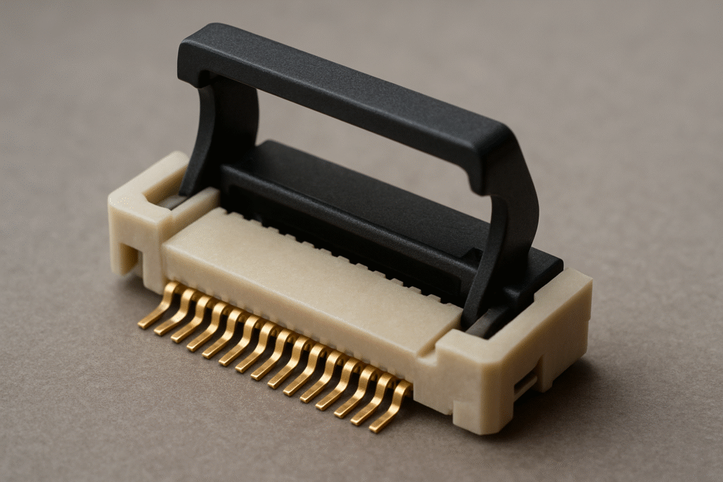 Close-up of a ZIF connector with flip-lock actuator