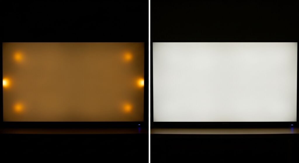 Comparison of two backlight systems one with uneven lighting showing hot spots and dark patches, and another with uniform, even lighting