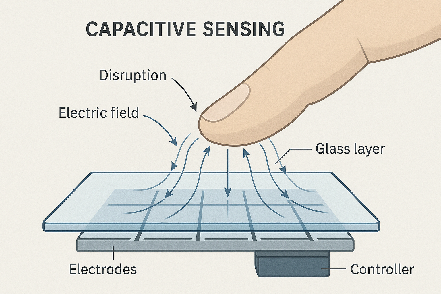 Diagram illustrating the principle of capacitive sensing in touchscreens, showing a finger altering the electric field between electrodes