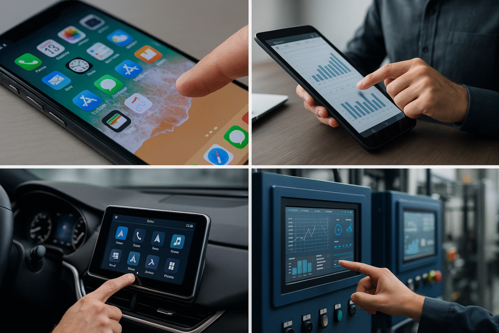 Various applications of capacitive touchscreen technology across consumer electronics and industrial devices