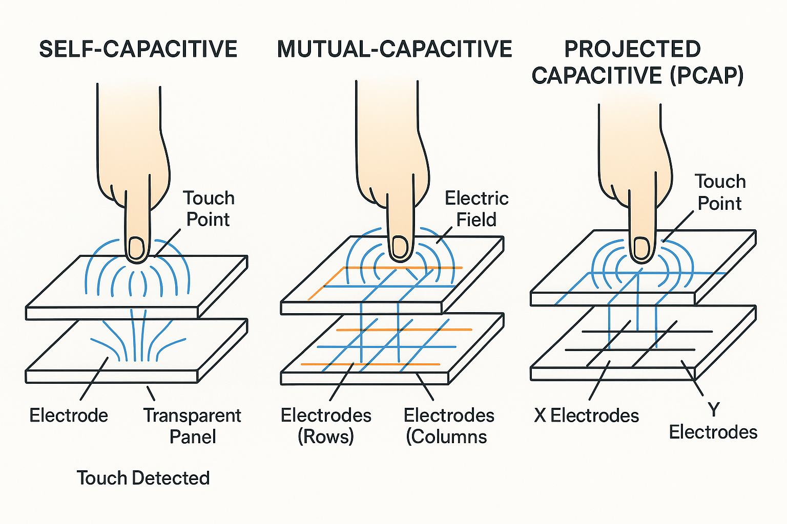 Visual comparison of self-capacitive, mutual-capacitive, and projected capacitive touchscreen technologies