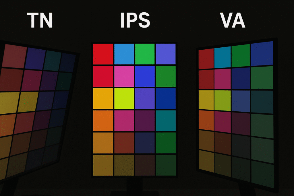 Visual comparison of viewing angle performance between TN, IPS, and VA LCD panel technologies
