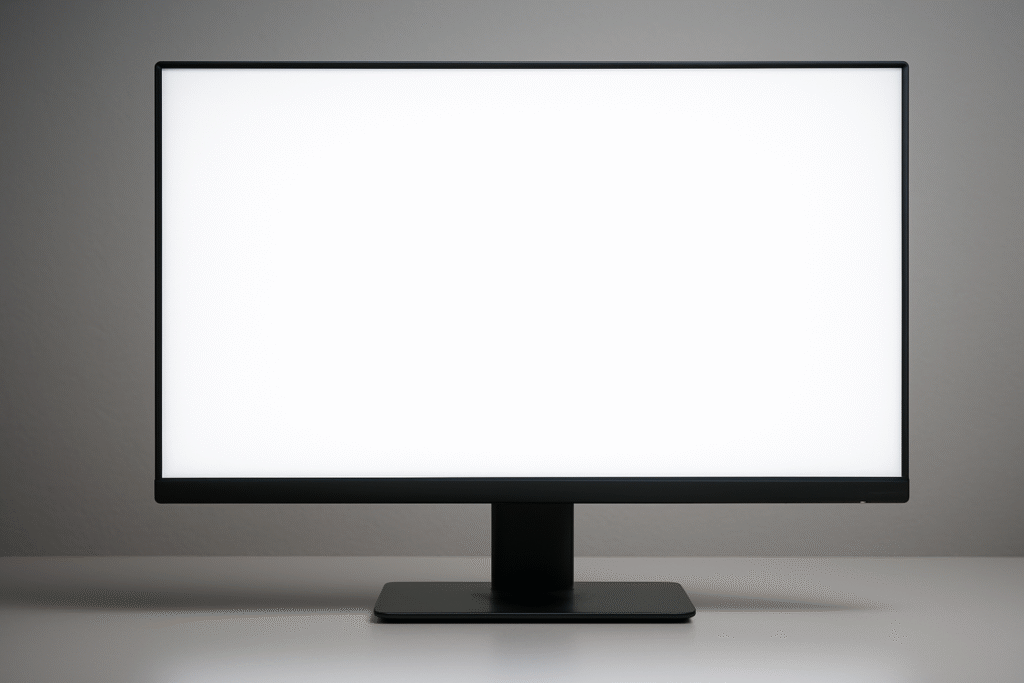 A close-up view of an LCD monitor displaying a blank white screen