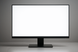 A close-up view of an LCD monitor displaying a blank white screen