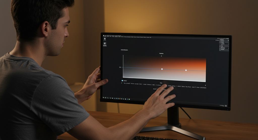 A user adjusting the brightness and contrast settings on a monitor to minimize the effect of backlight bleed