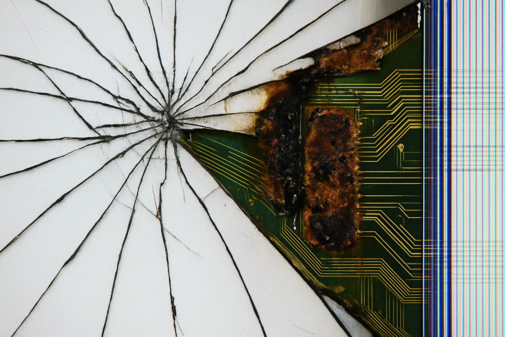 Damaged LCD panel with visible cracks and exposed circuit, showing cause of failure