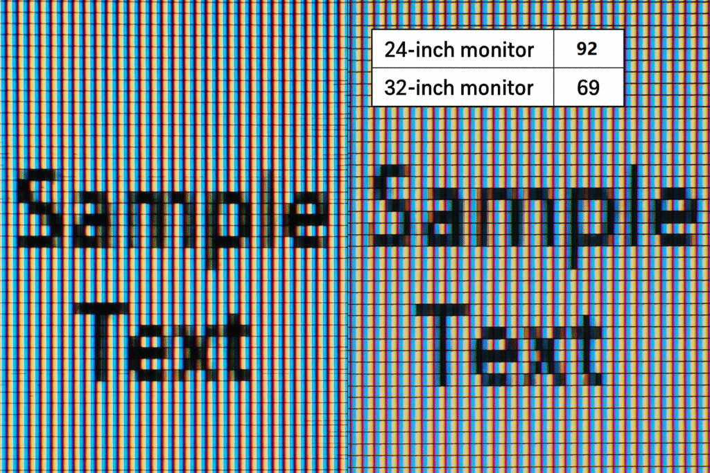 Diagram showing a close-up view of pixels on 24-inch and 32-inch monitors at 1920x1080 resolution