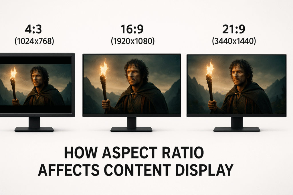 Illustration of three monitors with different aspect ratios (43, 169, and 219) displaying the same movie scene