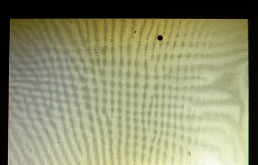 LCD display exposed to intense sunlight with visible black spots, yellowing, and faded colors