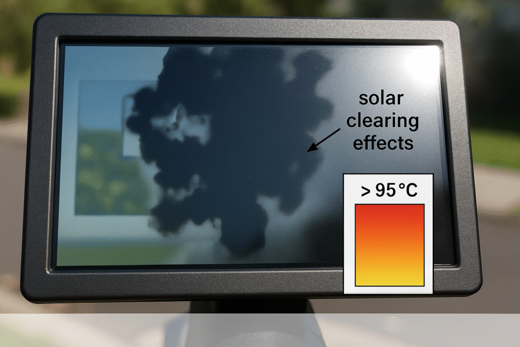 Photograph of an LCD display showing heat-induced blackout with black blotches
