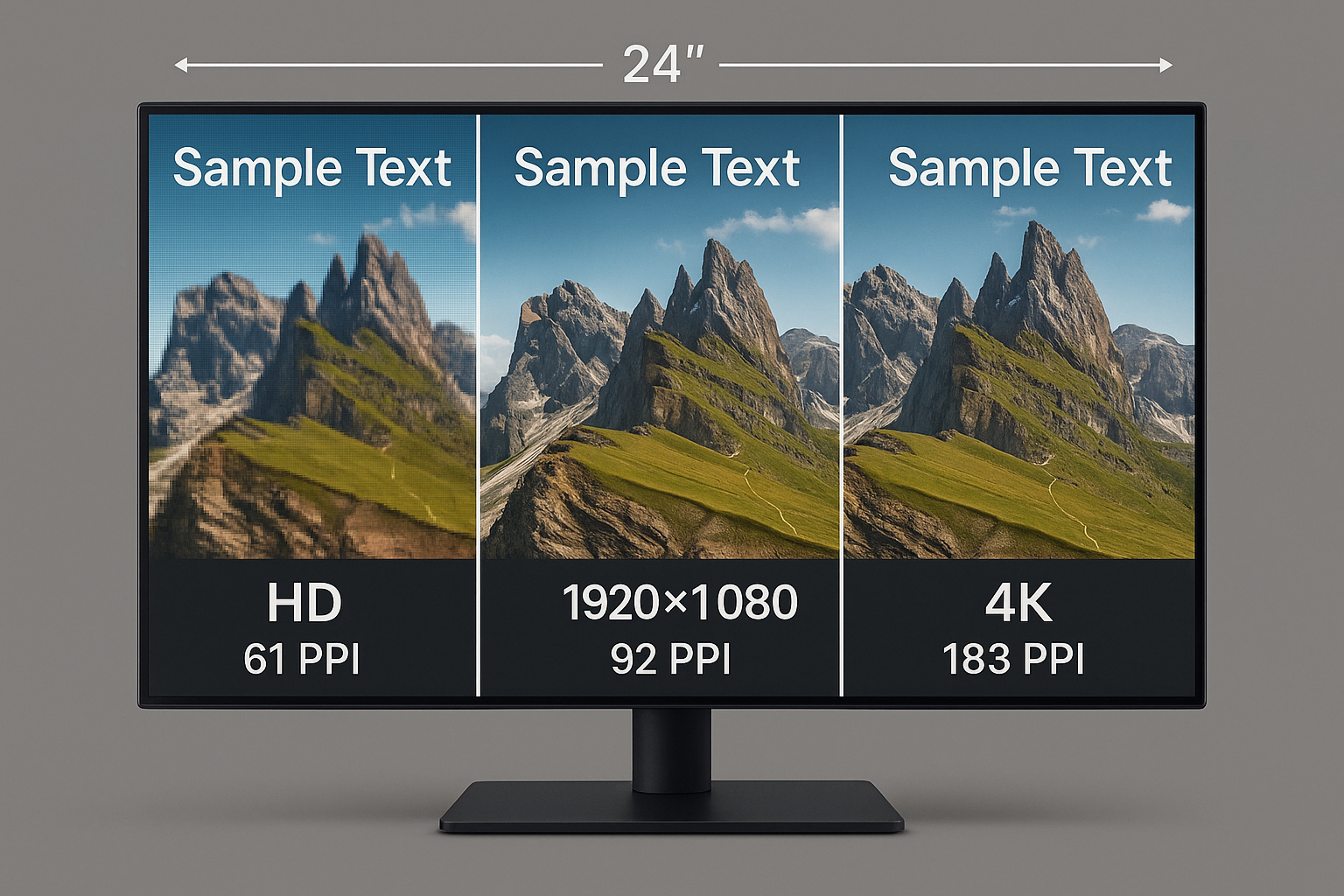 Side-by-side comparison of a 24-inch monitor displaying text and images at 1280x720 (HD), 1920x1080 (FHD), and 3840x2160 (4K) resolutions