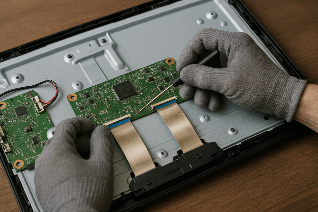 Technician’s hands reconnecting a loose ribbon cable inside an LCD display