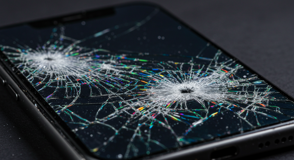 broken screen with colorful cracks