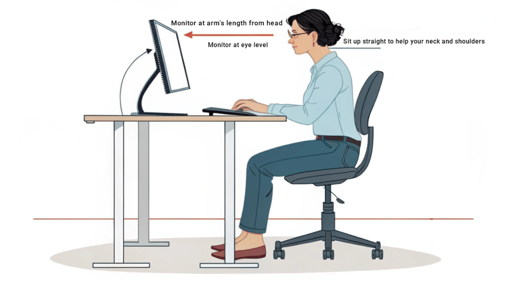 diagram showing proper posture and screen position