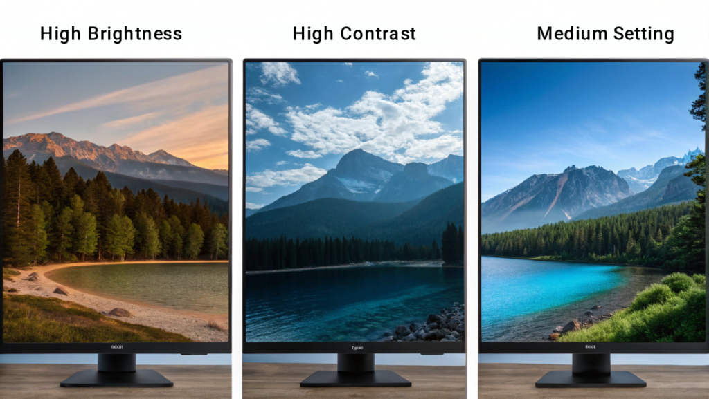 Showing high brightness/high contrast, medium setting and optimized low blue light setting respectively