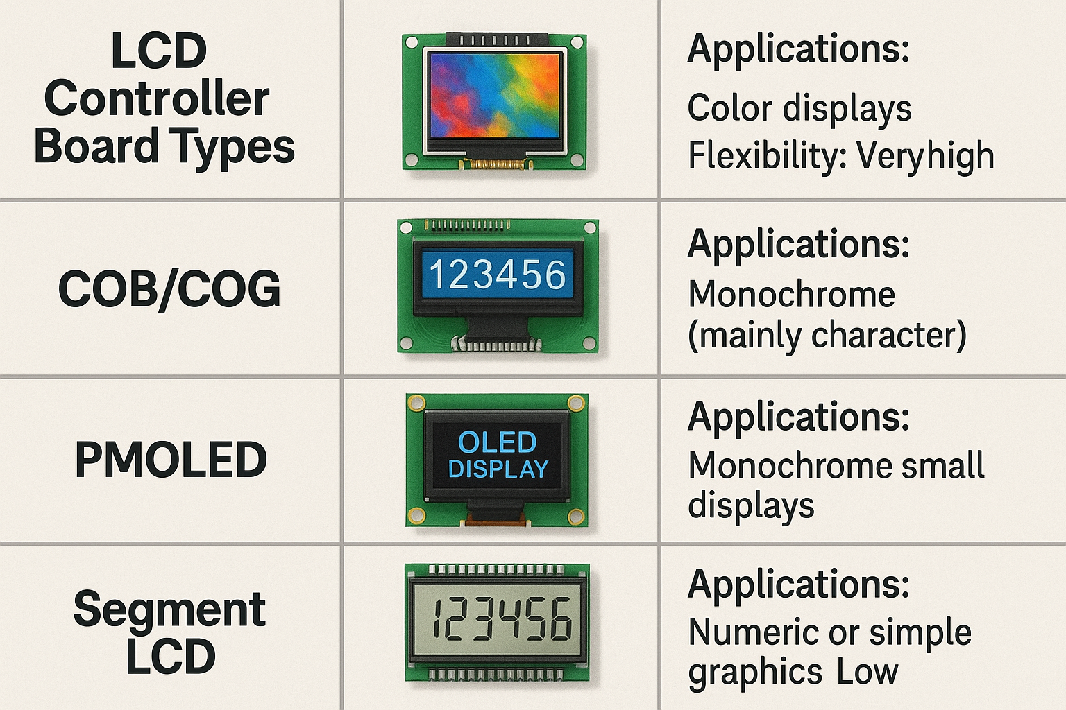 A comparative chart showcasing different types of LCD controller boards, including TFT, COBCOG, PMOLED, and segment LCD boards