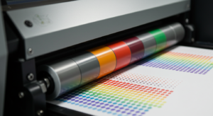 Commercial offset printer with CMYK ink rollers demonstrating 300 DPI halftone patterns