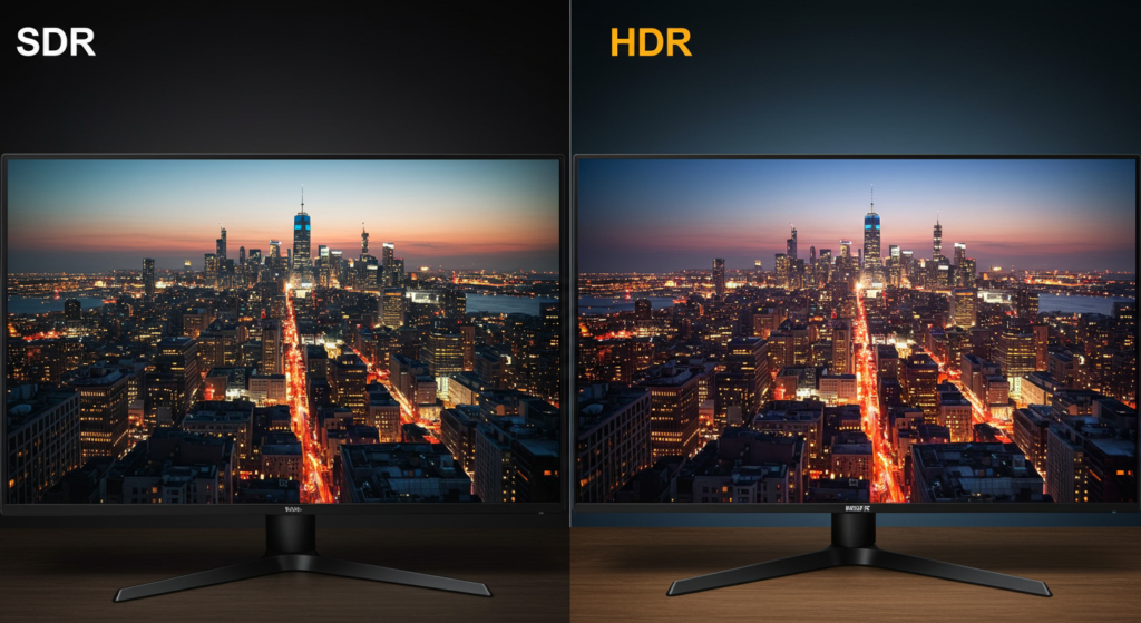 Comparison between HDR and SDR monitors, showing differences in brightness, contrast, and color depth.