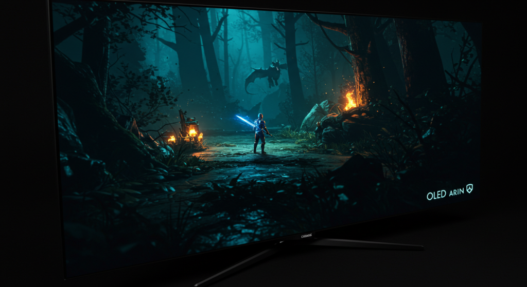 Dark scene in a game on an OLED display, showing high contrast and true blacks