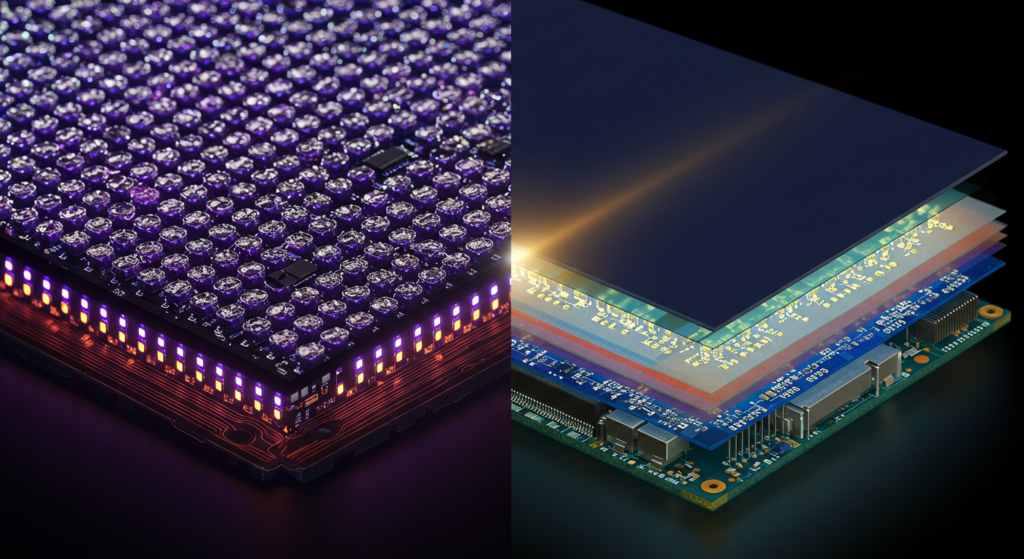 Microscopic view comparing OLED pixel matrix vs traditional LCD module layers