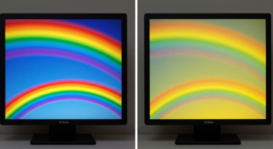 New LCD screen vs. yellowed LCD screen, illustrating color degradation over time