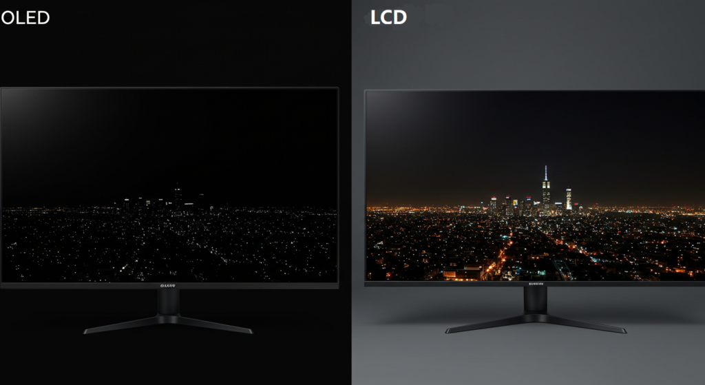 OLED vs LCD contrast ratio, showing true black vs grayish black