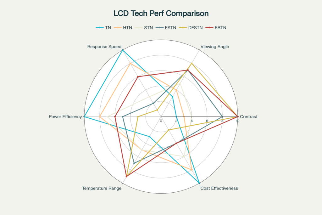 Performance comparison radar chart showing the relative strengths and weaknesses of six LCD technologies across key performance metrics