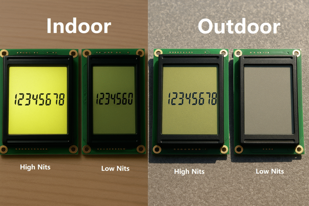 Side-by-side comparison of two LCD modules in indoor and outdoor lighting, highlighting the impact of nits on readability
