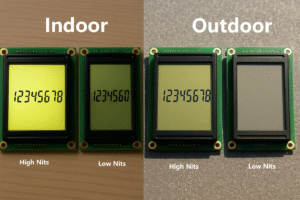 Side-by-side comparison of two LCD modules in indoor and outdoor lighting, highlighting the impact of nits on readability