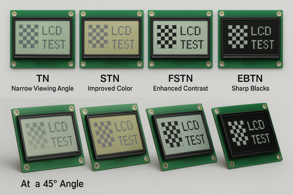 comparing TN, STN, FSTN, and EBTN LCD displays viewed from different angles