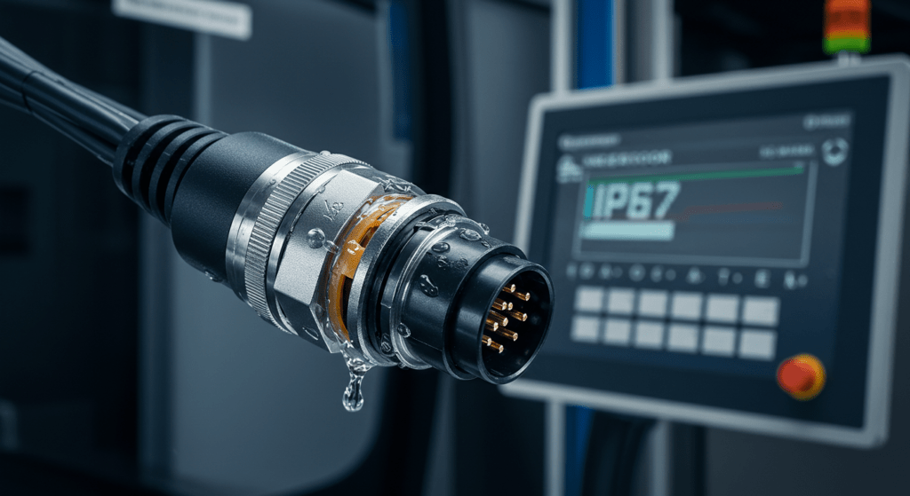 An IP67-rated M12 connector designed for harsh industrial environments with dust and water resistance