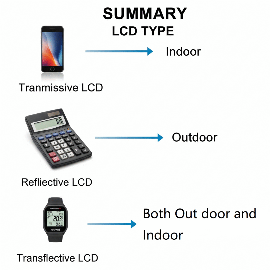 Chart of typical products using transmissive, reflective, and transflective LCDs