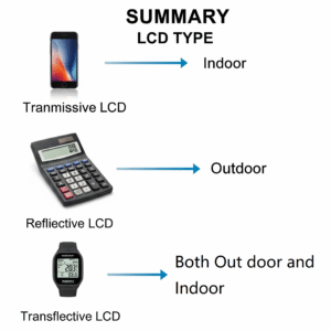 Chart of typical products using transmissive, reflective, and transflective LCDs