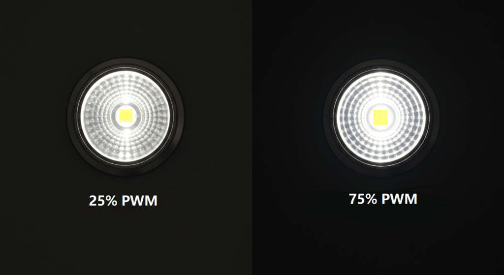 Comparison of LED brightness under 25% and 75% PWM duty cycle