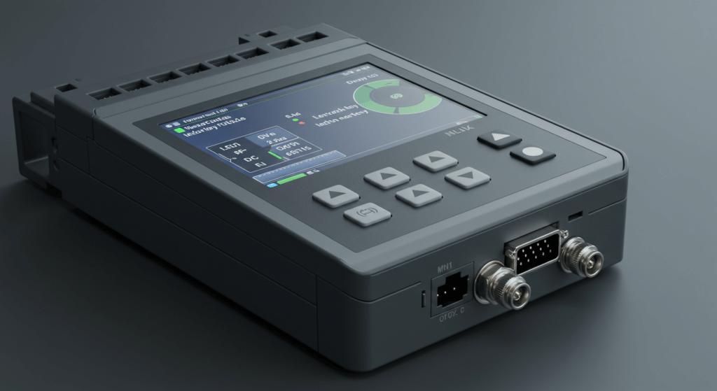 Industrial LCD display connected to a PLC system using M12 connectors for data and power transmission