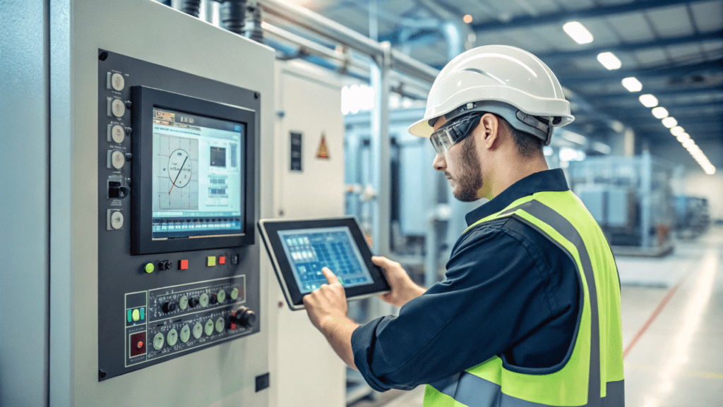 Operator using industrial HMI touchscreen interface