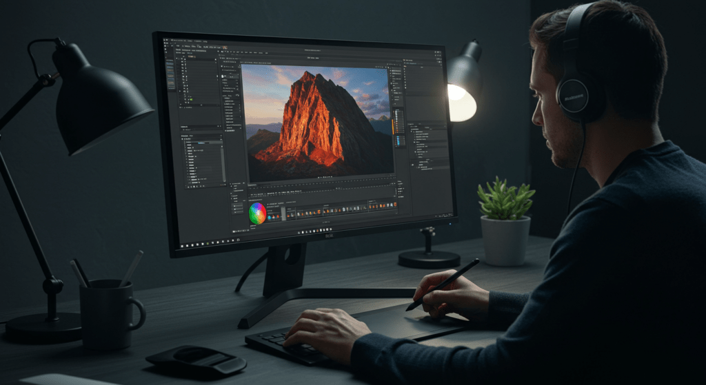 Photographer editing on an Adobe RGB calibrated monitor for accurate color representation.