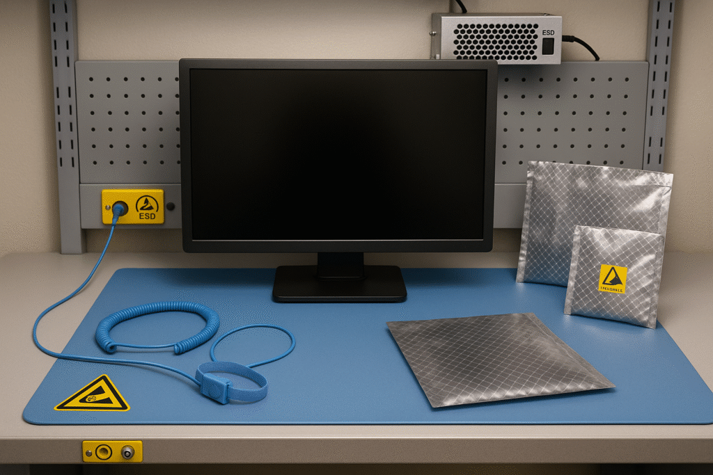 This image provides a comprehensive view of an ESD-safe workspace