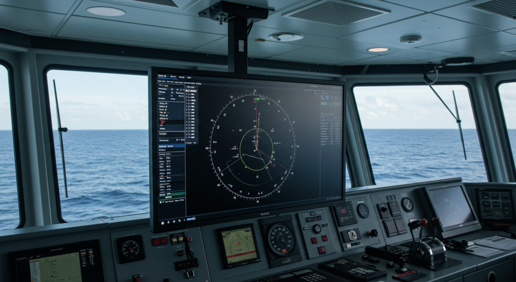 IP65‑rated vibration‑resistant LCD monitor on a ship bridge